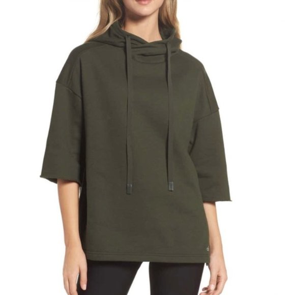 ALO Yoga Tops - Alo Yoga Army Green Crop Sleeve Oversize Hoodie Sweatshirt